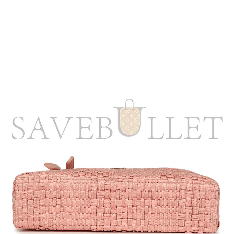 CHANEL TOP HANDLE LONG VANITY CASE WITH CHAIN LIGHT PINK BRAIDED RAFFIA LIGHT GOLD HARDWARE AP4385 (19.5*17*5cm) 